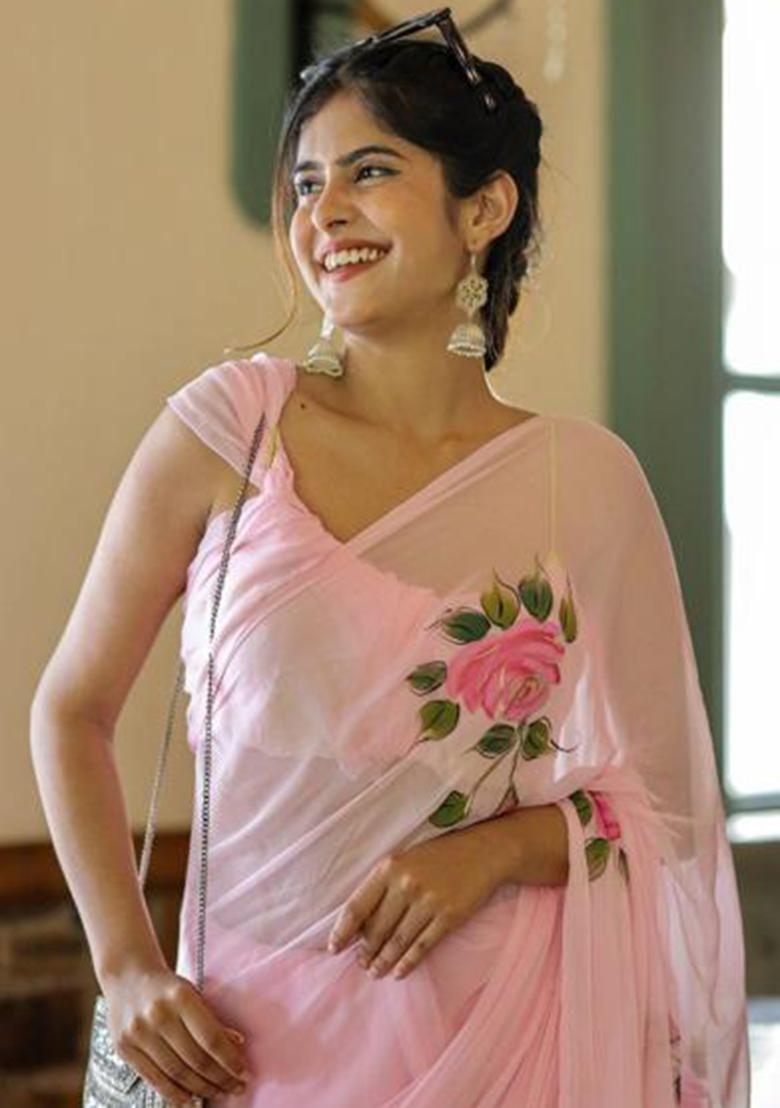 Pink Printed Blended Saree Set - Indya