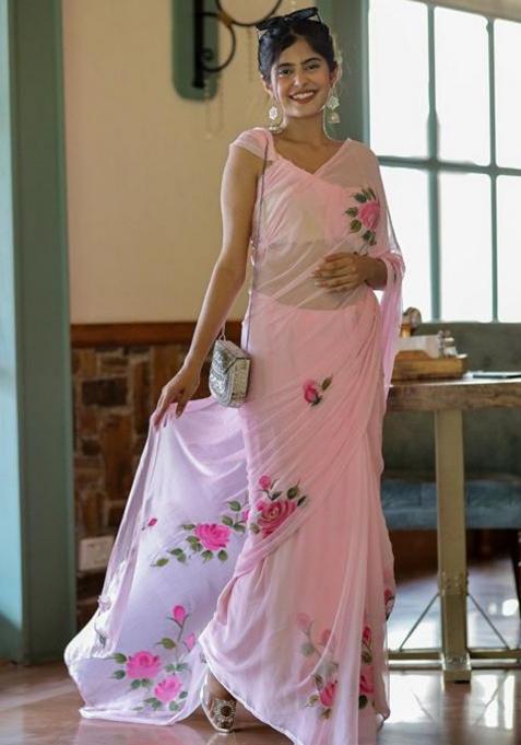 Pink Printed Blended Saree Set