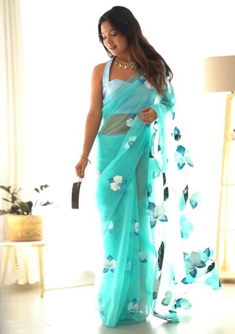 Sky Printed Blended Saree Set - Indya