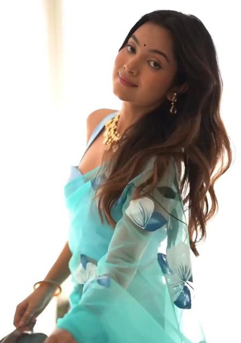 Sky Printed Blended Saree Set - Indya