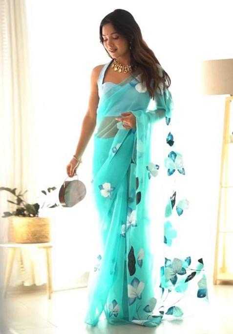 Sky Printed Blended Saree Set