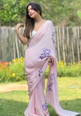 Pink Printed Blended Saree Set