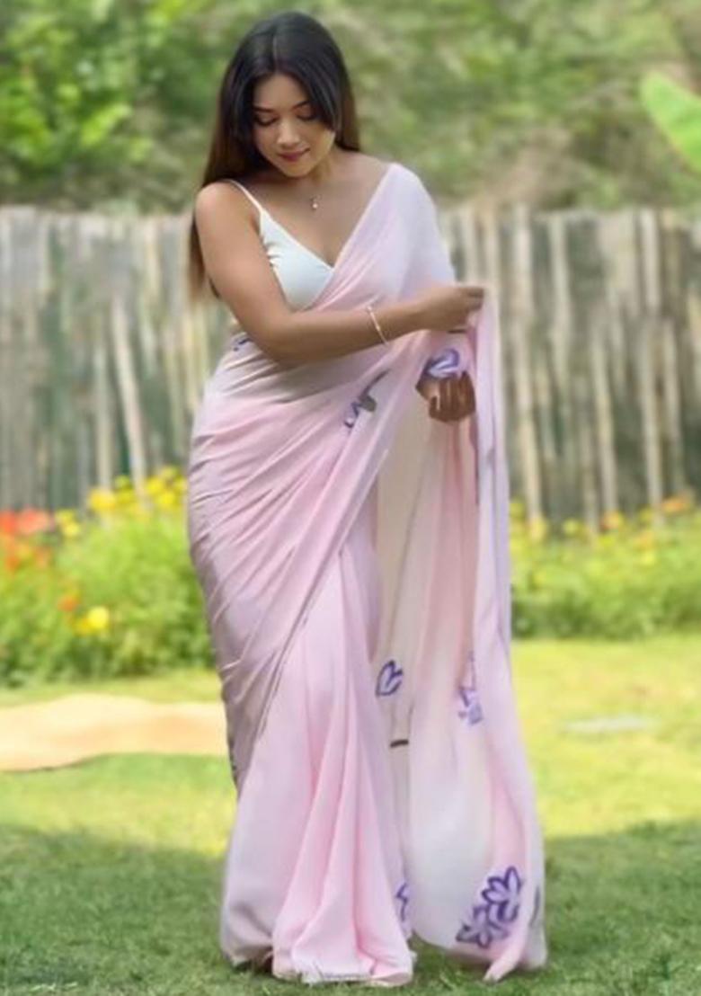 Pink Printed Blended Saree Set - Indya