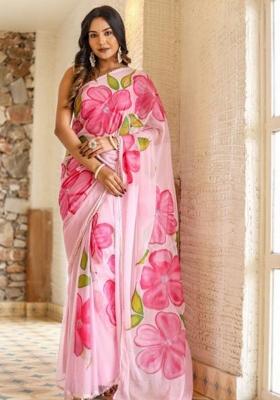 Pink Printed Blended Saree Set