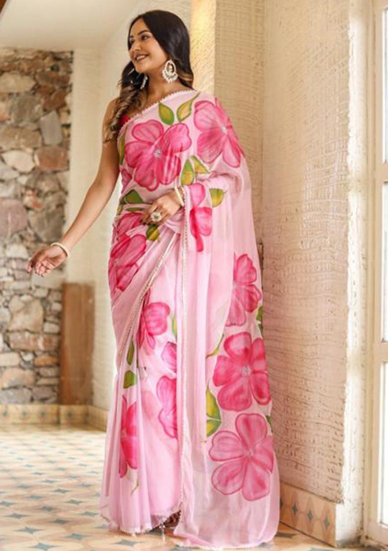 Pink Printed Blended Saree Set - Indya
