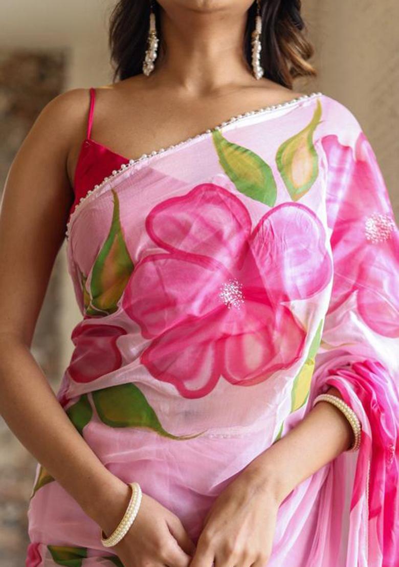 Pink Printed Blended Saree Set - Indya