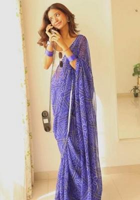 Blue Printed Blended Saree Set