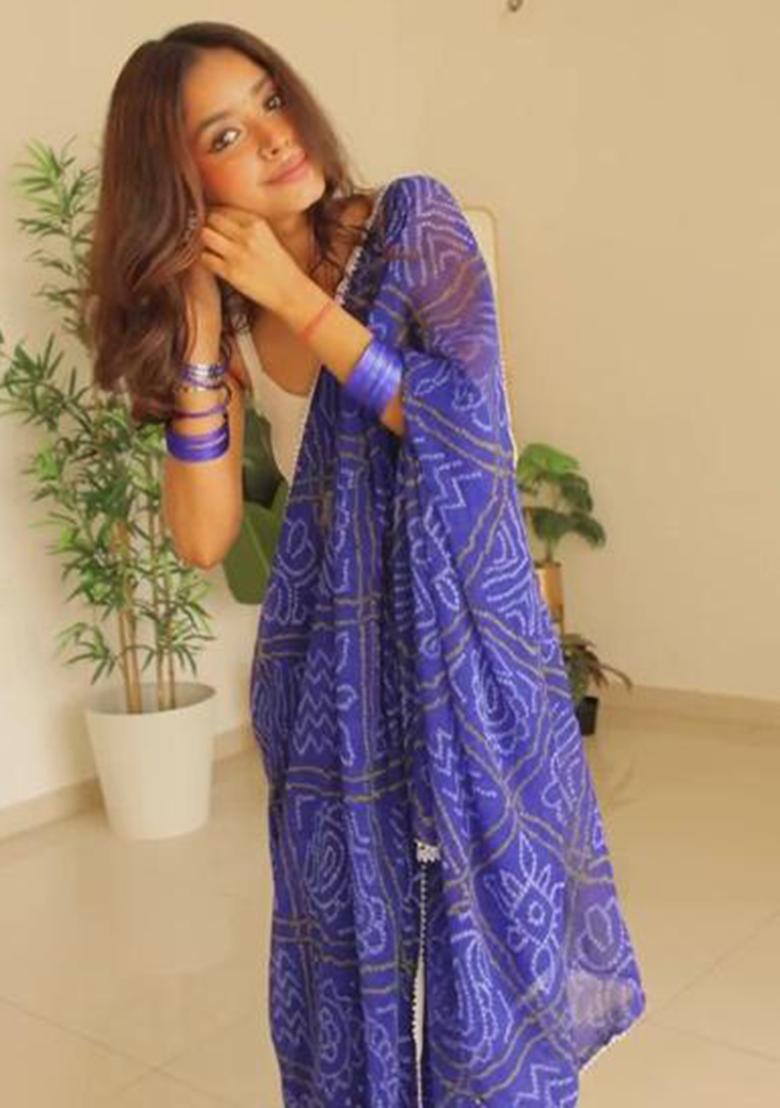 Blue Printed Blended Saree Set - Indya