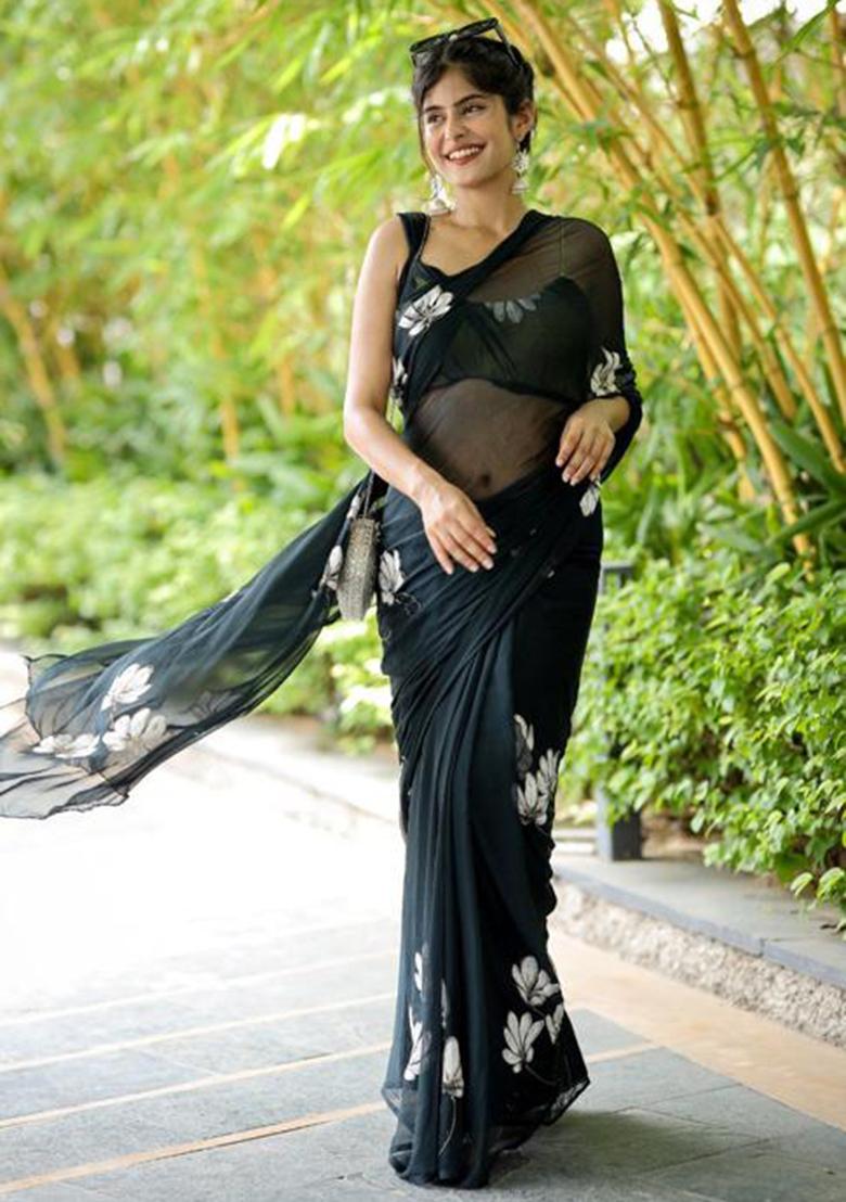 Black Printed Blended Saree Set - Indya