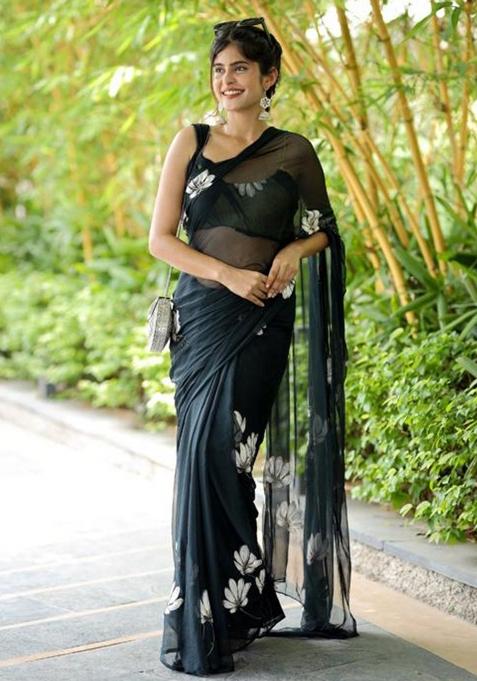 Black Printed Blended Saree Set
