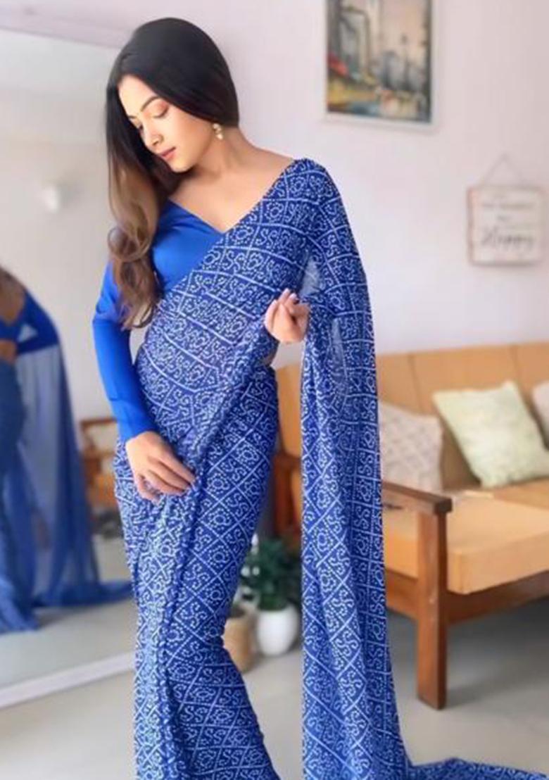 Blue Printed Blended Saree Set - Indya
