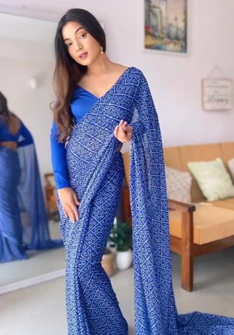Blue Printed Blended Saree Set