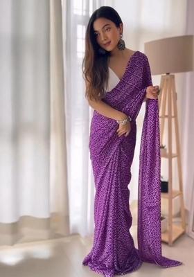 Purple Printed Blended Saree Set