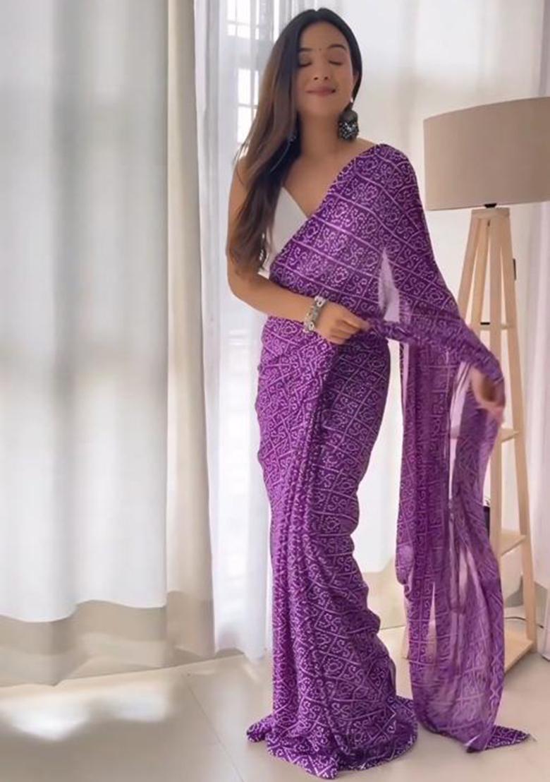 Purple Printed Blended Saree Set - Indya