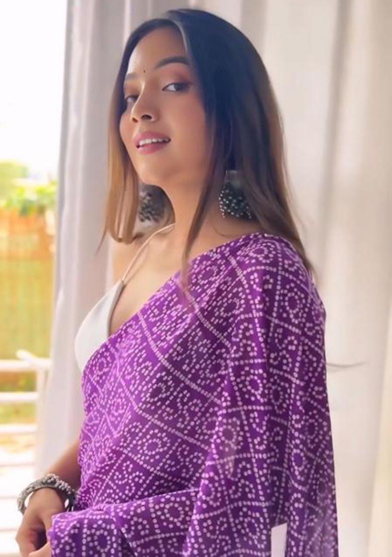 Purple Printed Blended Saree Set - Indya