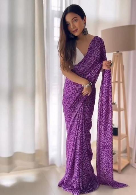 Purple Printed Blended Saree Set
