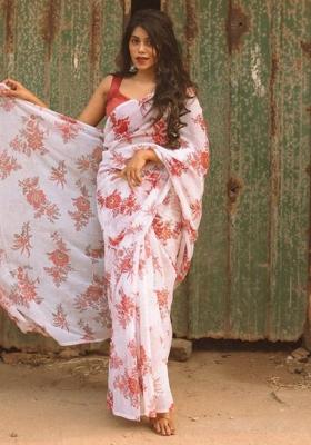 Off White Printed Blended Saree Set