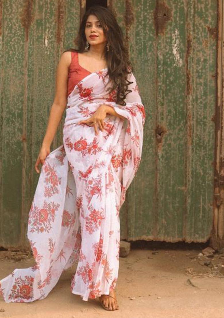 Off White Printed Blended Saree Set - Indya