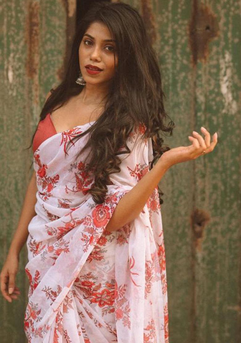 Off White Printed Blended Saree Set - Indya