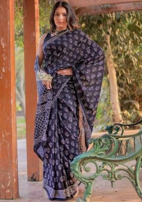 Black Printed Blended Saree Set