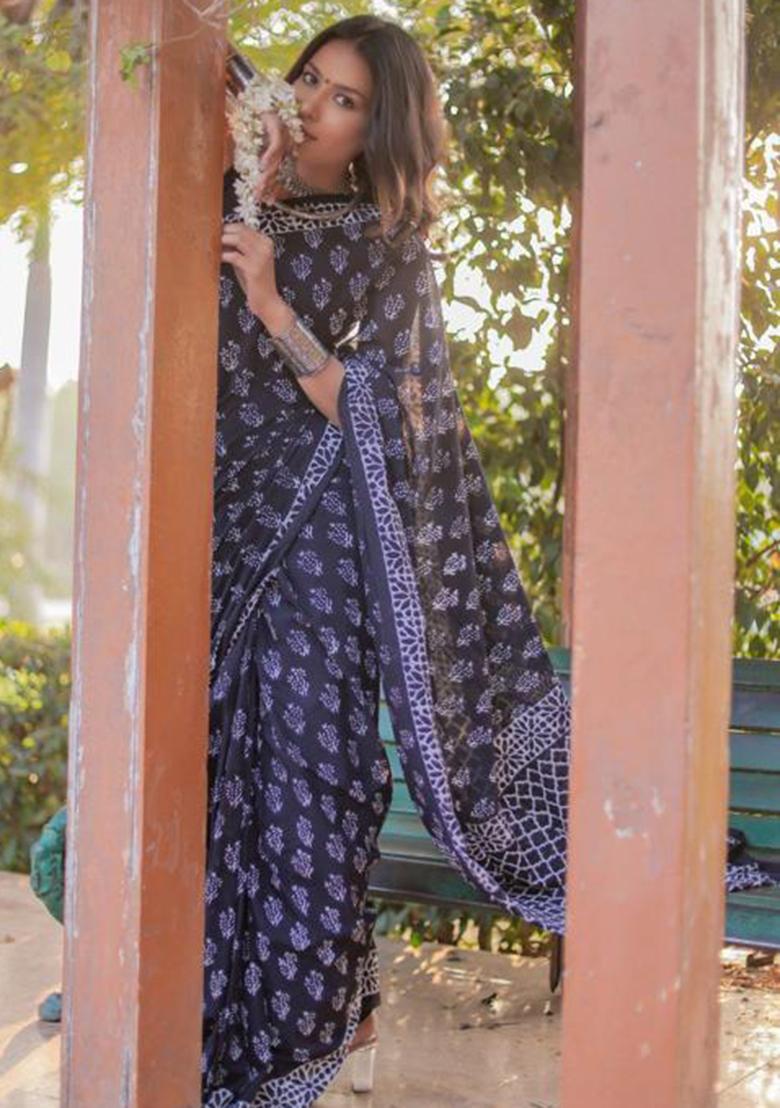 Black Printed Blended Saree Set - Indya