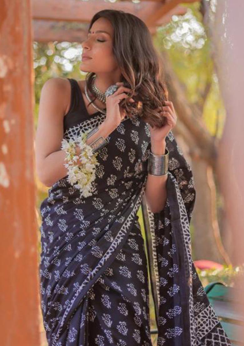 Black Printed Blended Saree Set - Indya
