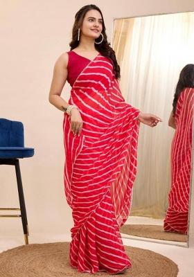 Red Printed Blended Saree Set