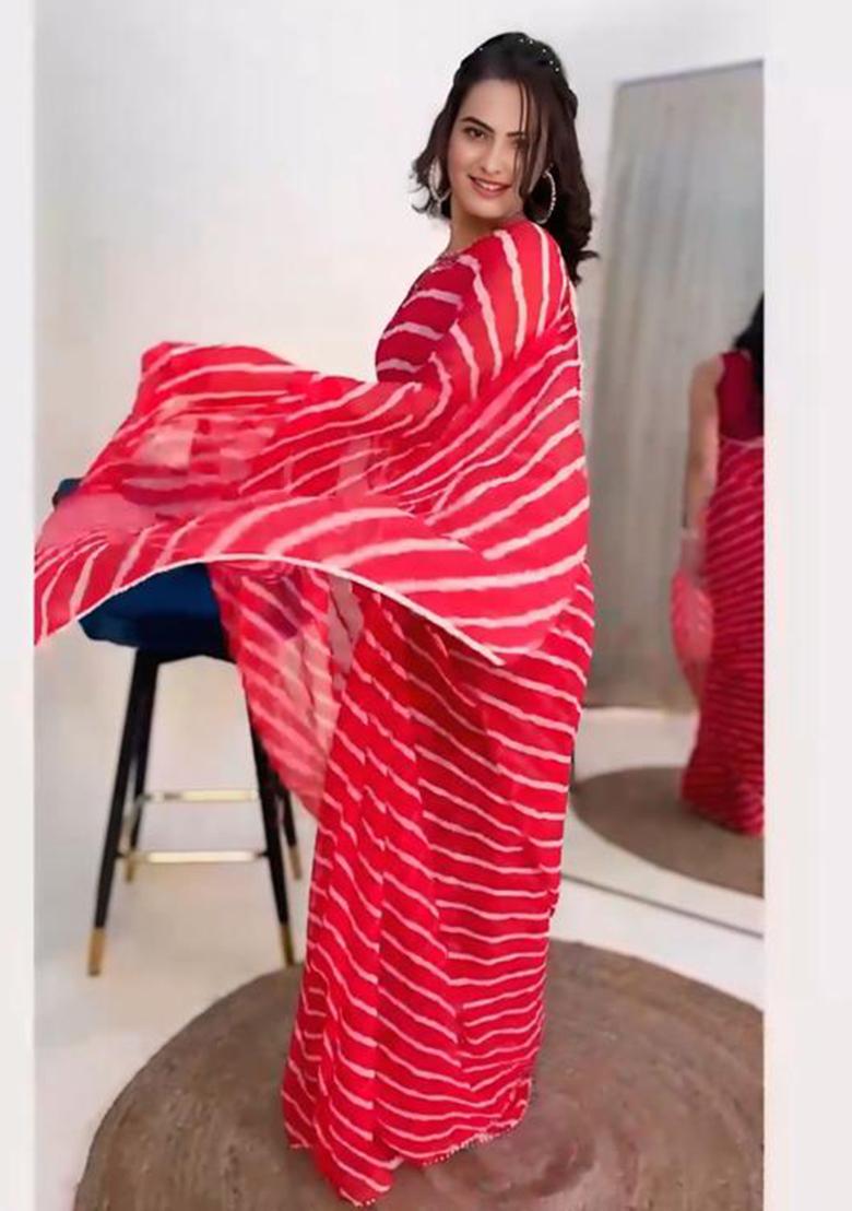 Red Printed Blended Saree Set - Indya