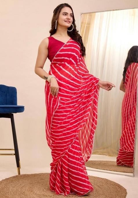 Red Printed Blended Saree Set