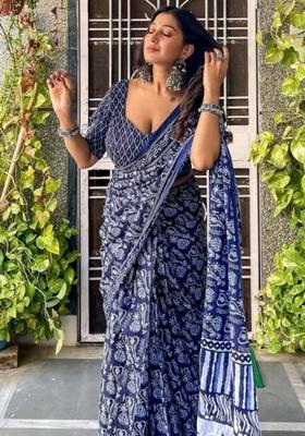 Blue Printed Blended Saree Set