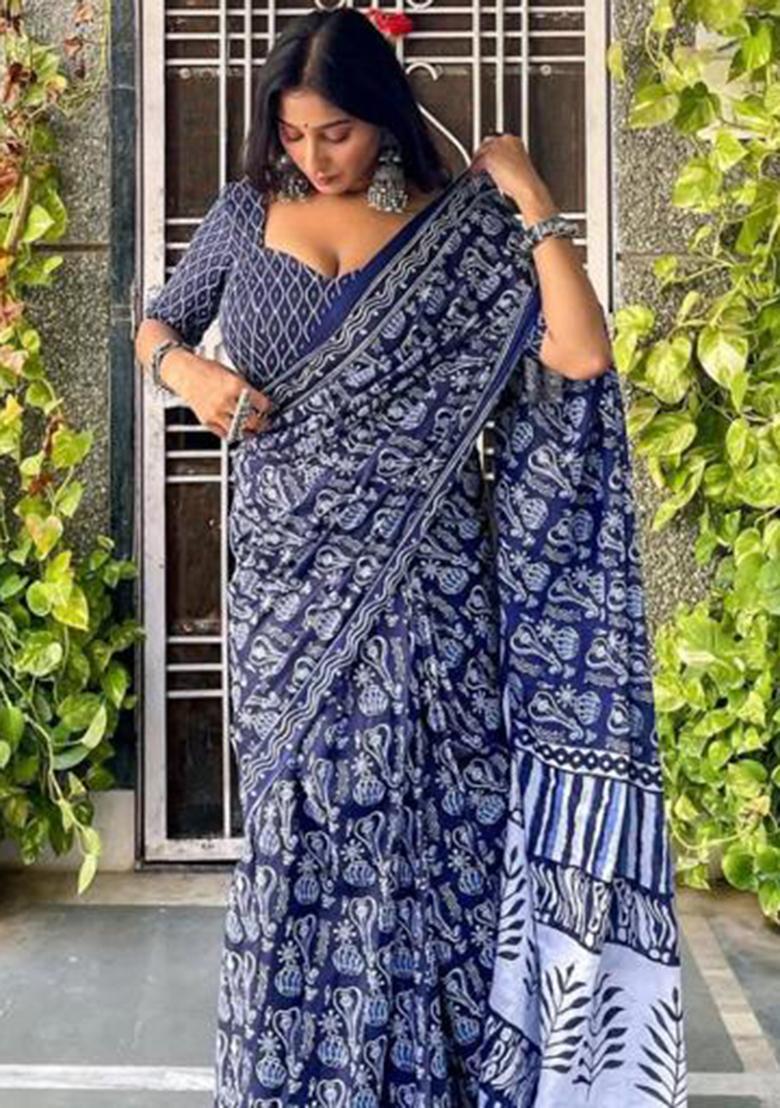 Blue Printed Blended Saree Set - Indya