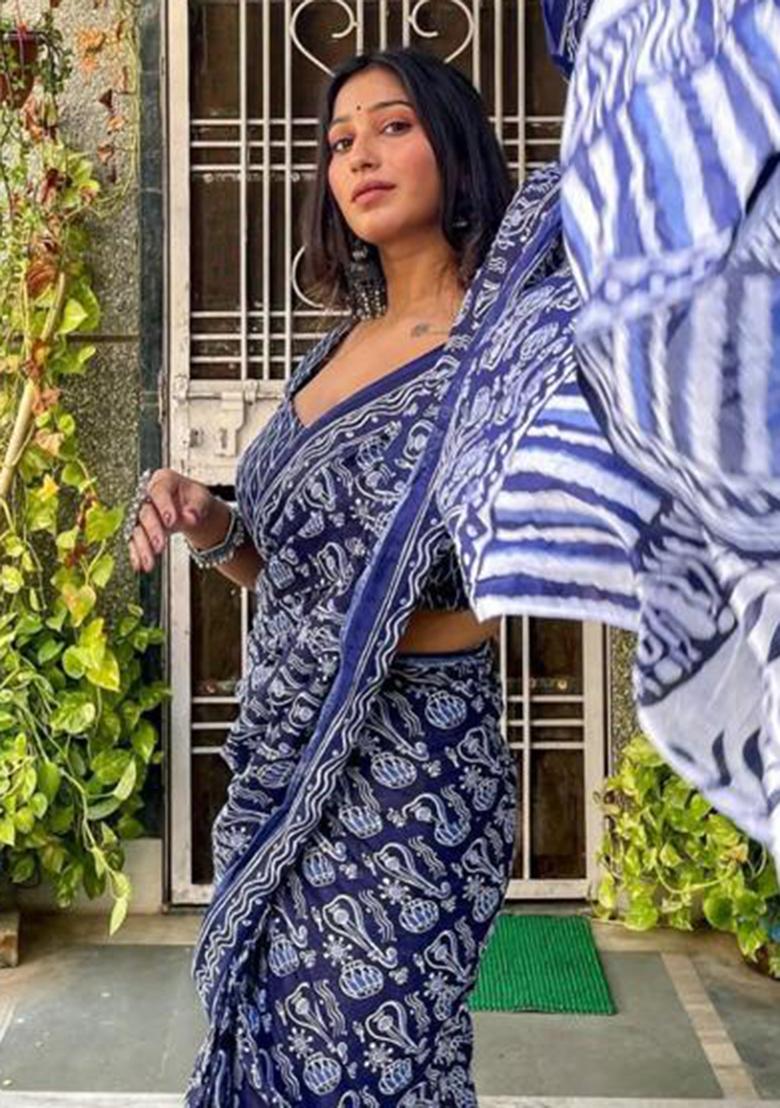 Blue Printed Blended Saree Set - Indya