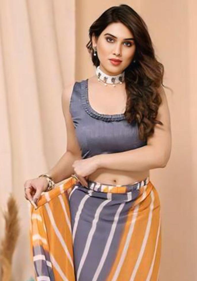 Grey Printed Blended Saree Set - Indya