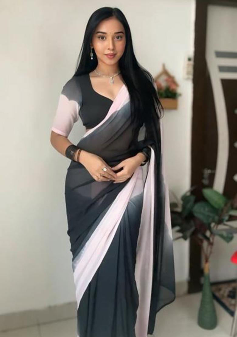 Black Printed Blended Saree Set - Indya