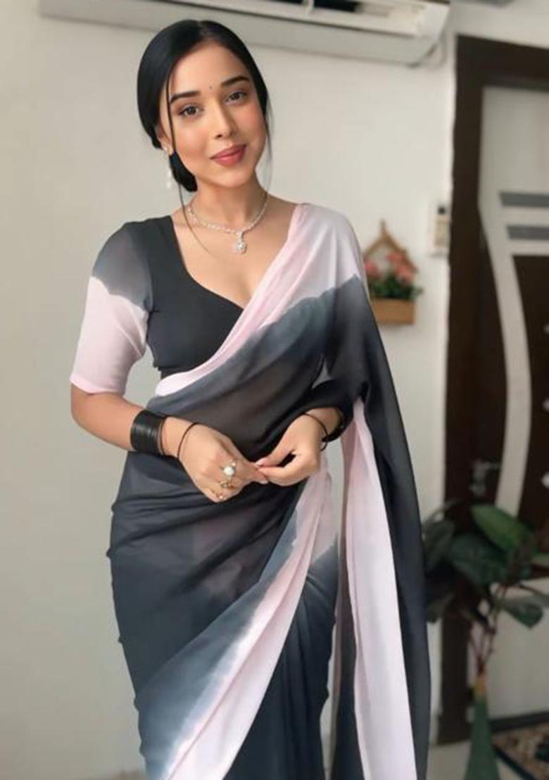 Black Printed Blended Saree Set - Indya