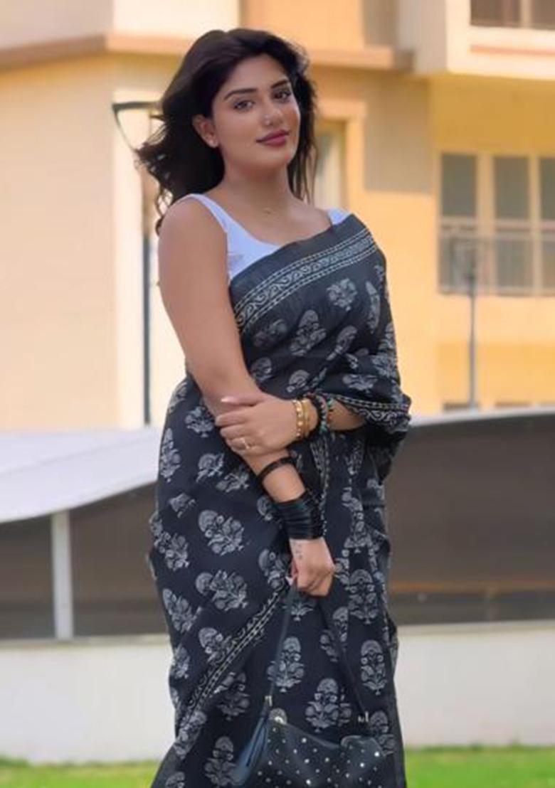 Black Printed Blended Saree Set - Indya