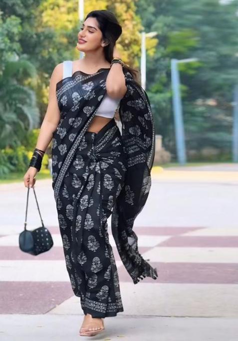 Black Printed Blended Saree Set