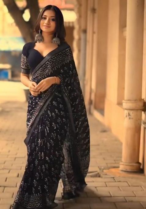 Black Printed Blended Saree Set