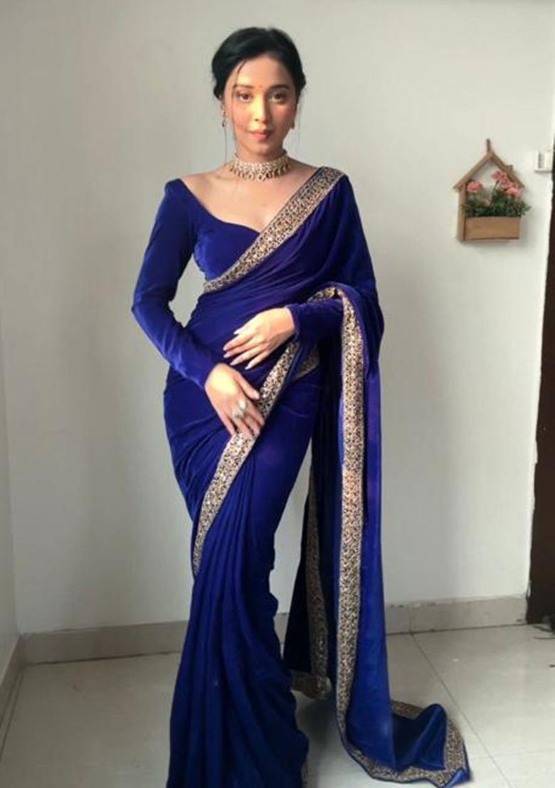 Blue Printed Blended Saree Set - Indya