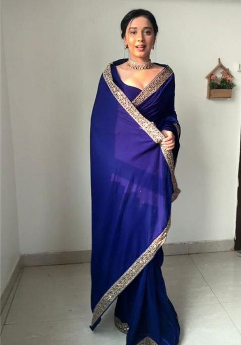 Blue Printed Blended Saree Set
