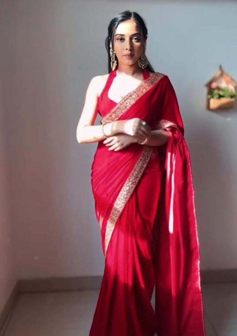 Red Printed Blended Saree Set - Indya