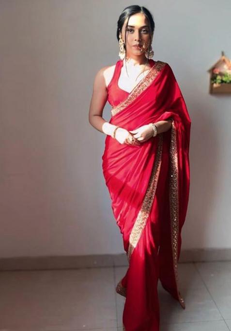 Red Printed Blended Saree Set