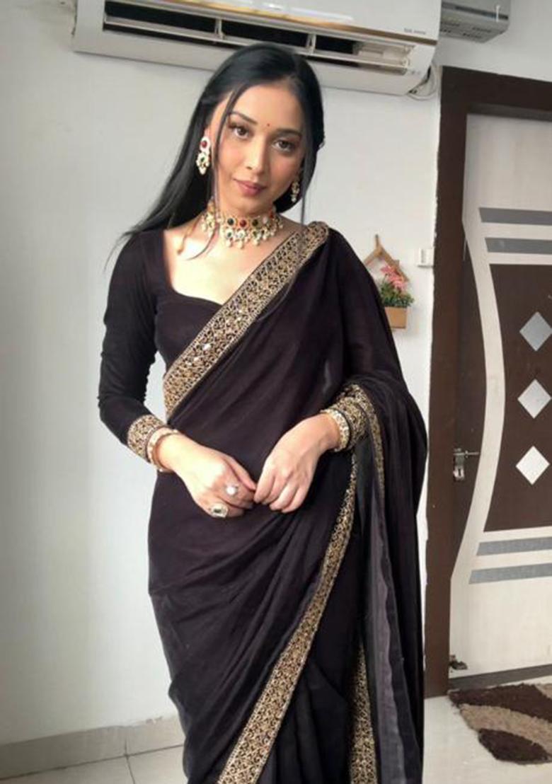 Black Printed Blended Saree Set - Indya