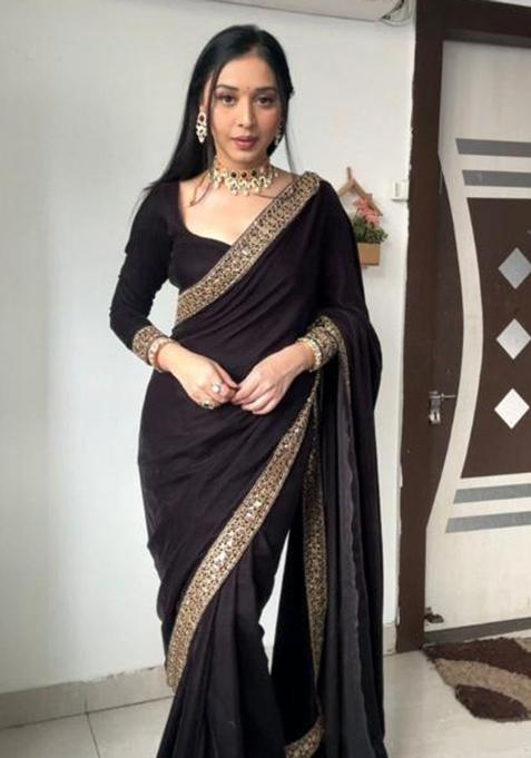Black Printed Blended Saree Set