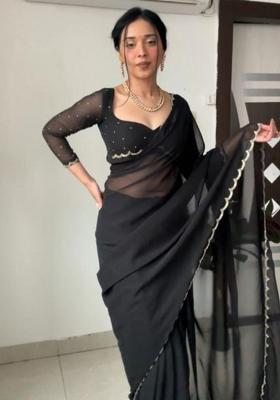 Black Printed Blended Saree Set