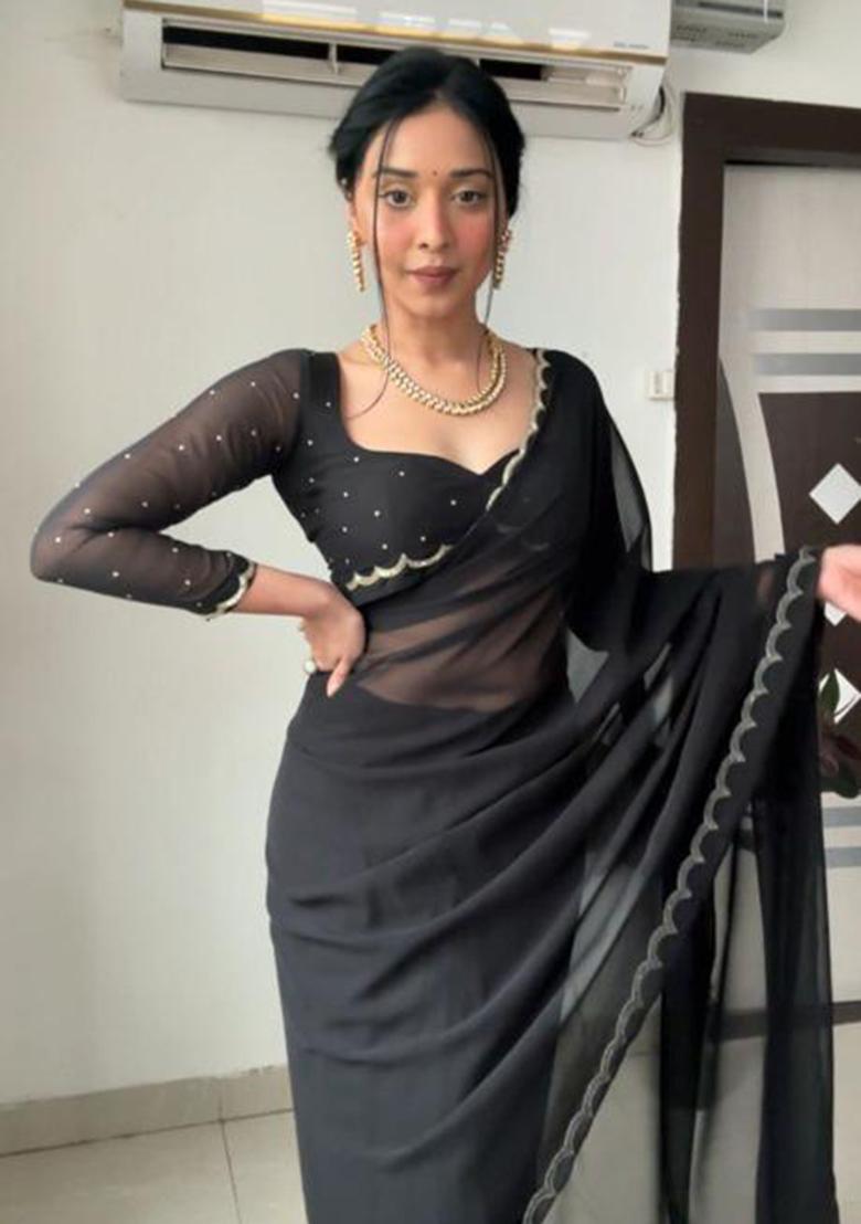 Black Printed Blended Saree Set - Indya