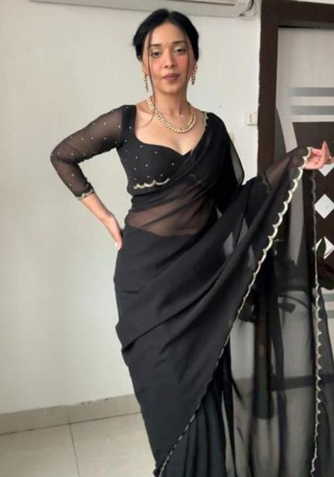 Black Printed Blended Saree Set