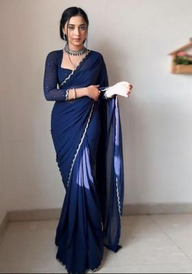Blue Printed Blended Saree Set