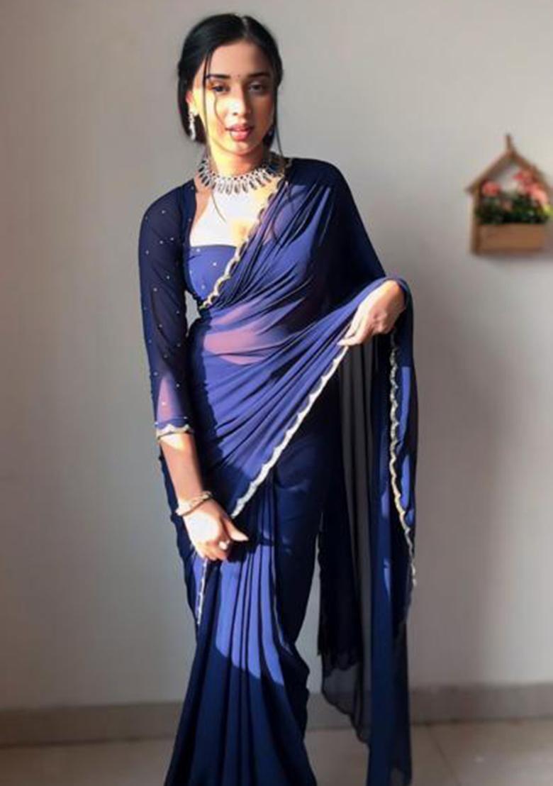 Blue Printed Blended Saree Set - Indya