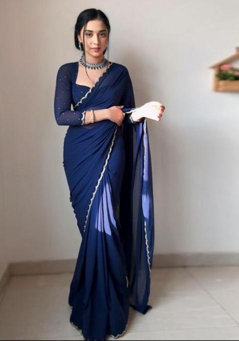 Blue Printed Blended Saree Set